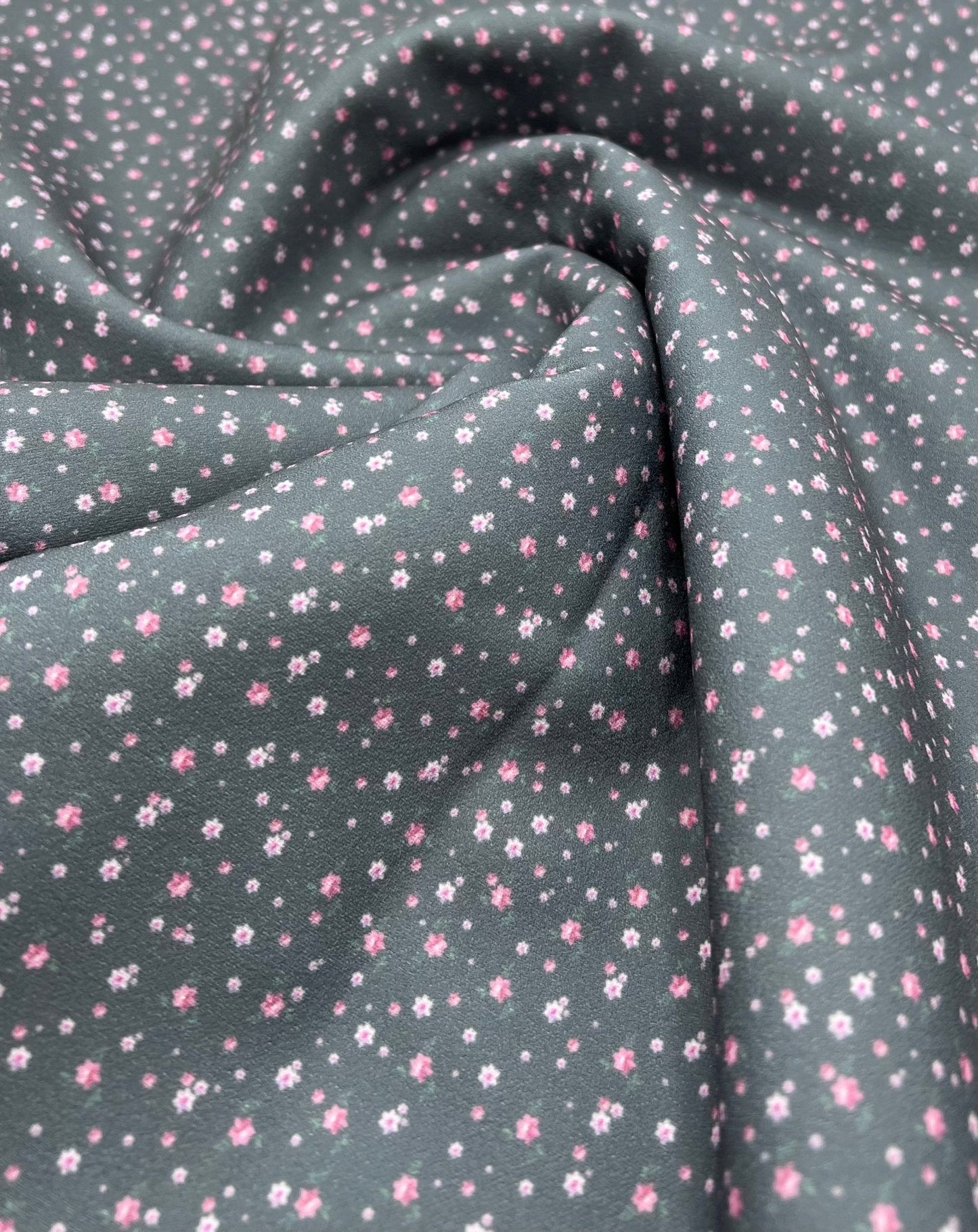 Grey Ditsy Floral Printed Scuba Crepe Jersey Fabric 4 Way Stretch