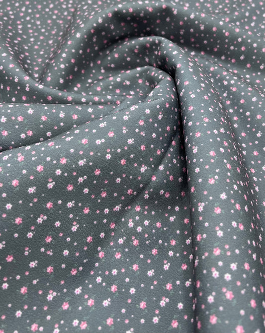 Grey Ditsy Floral Printed Scuba Crepe Jersey Fabric 4 Way Stretch