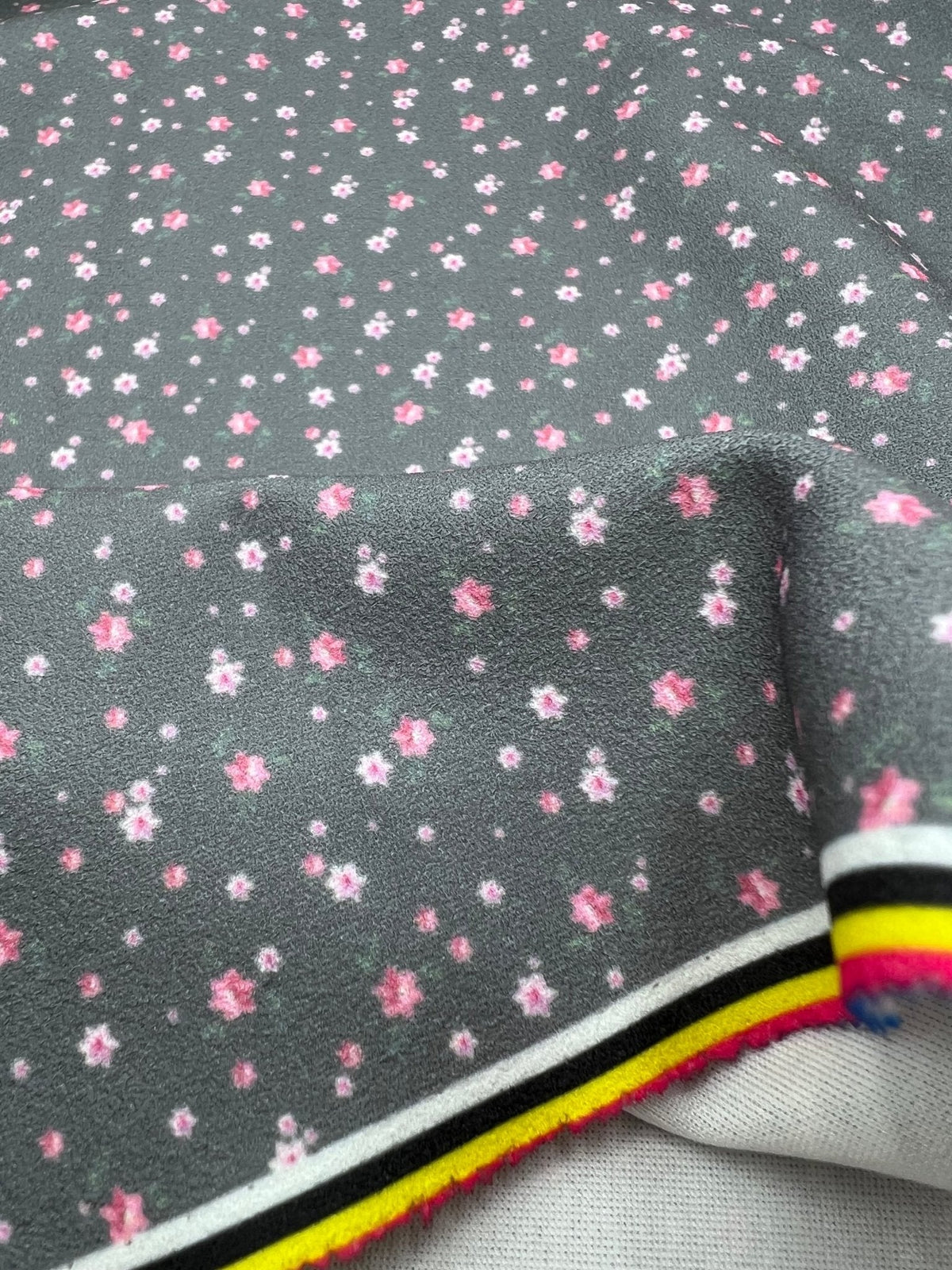 Grey Ditsy Floral Printed Scuba Crepe Jersey Fabric 4 Way Stretch