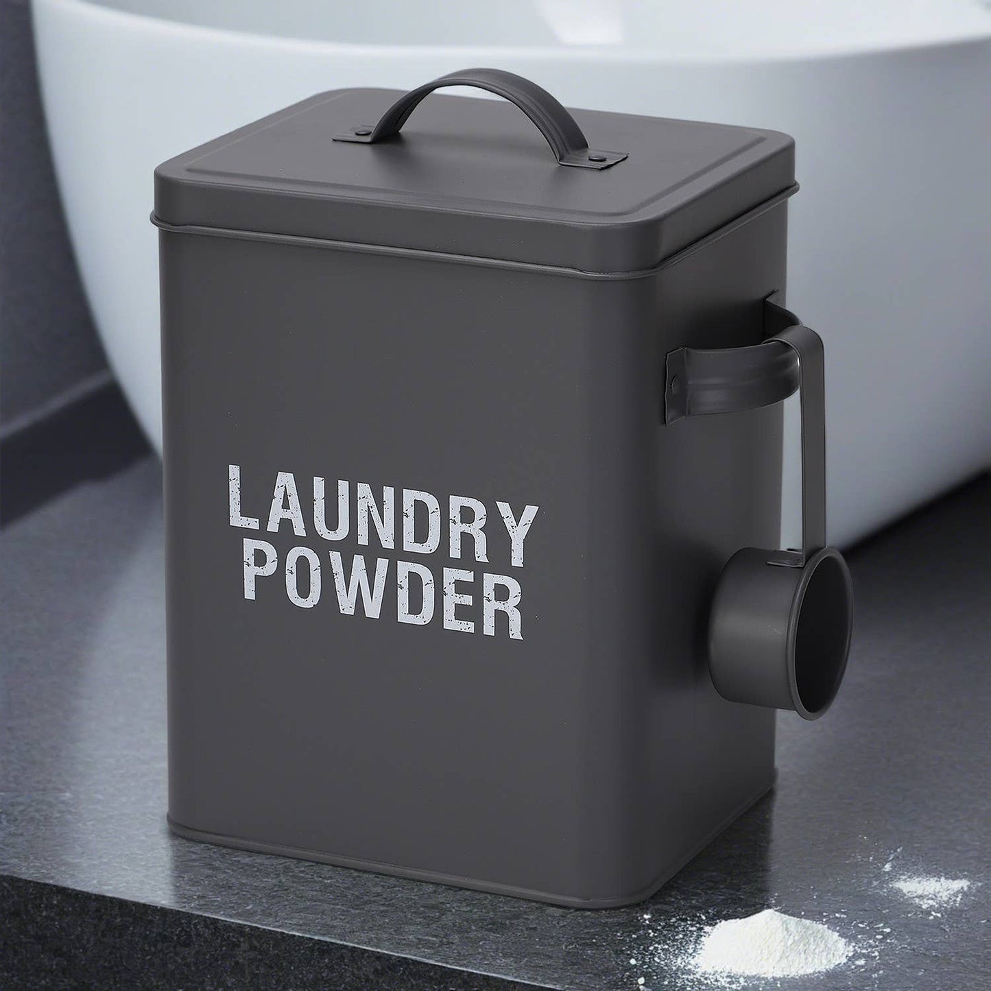 Grey Laundry Powder Tin Box with Handle and Scoop