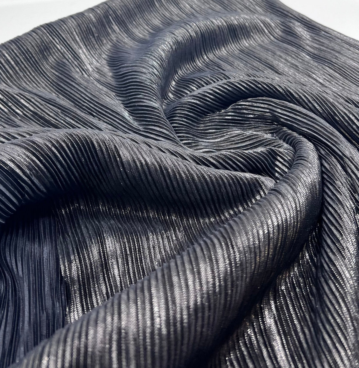 Grey Metallic Shiny Foil Plisse Pleated Stretch Fabric