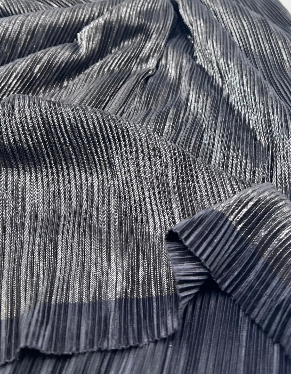 Grey Metallic Shiny Foil Plisse Pleated Stretch Fabric