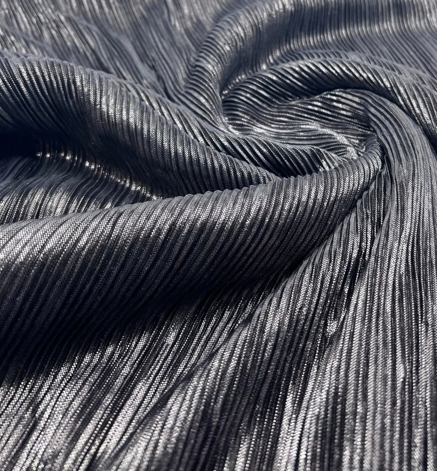 Grey Metallic Shiny Foil Plisse Pleated Stretch Fabric