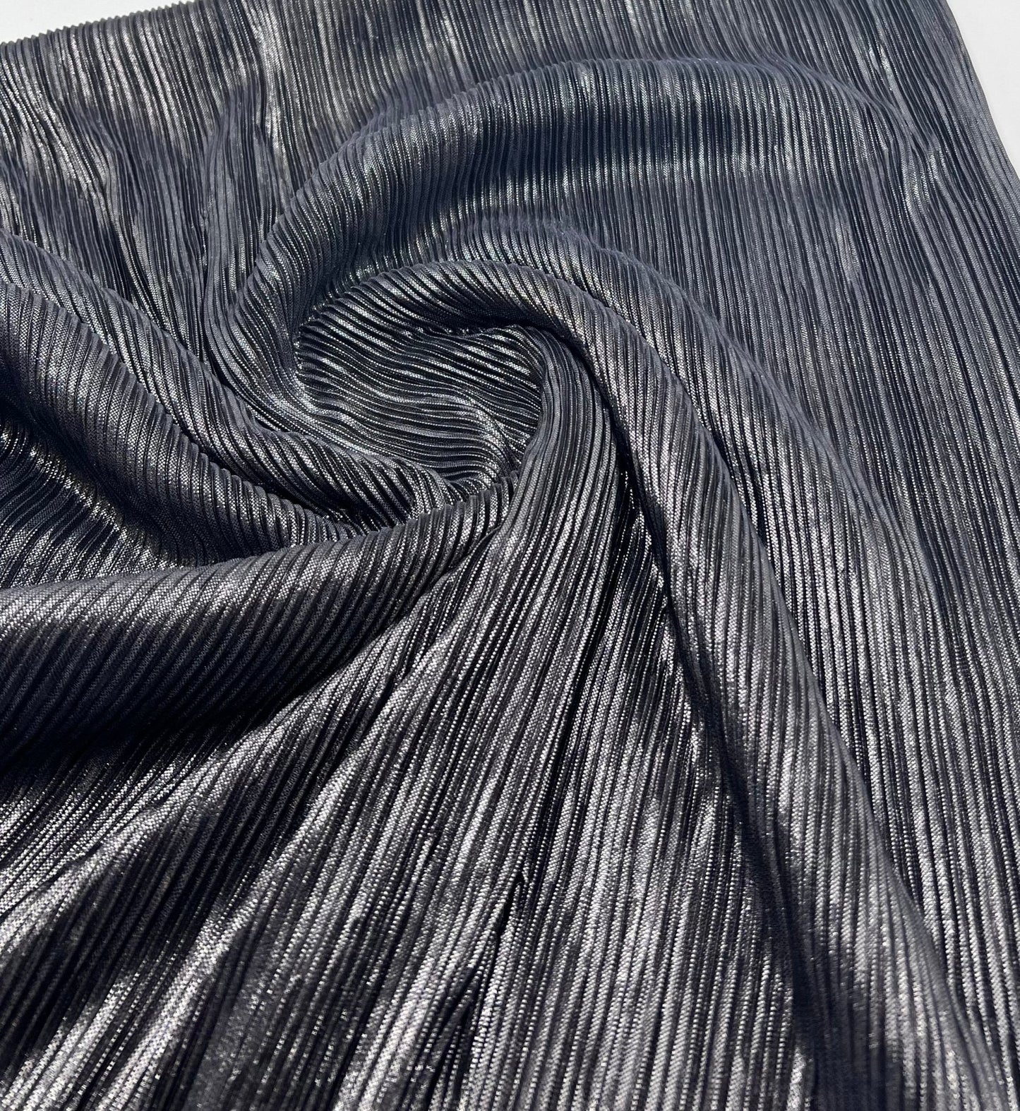 Grey Metallic Shiny Foil Plisse Pleated Stretch Fabric