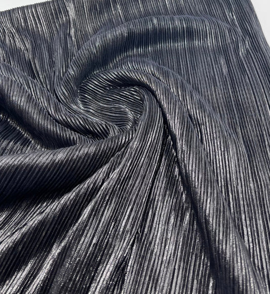 Grey Metallic Shiny Foil Plisse Pleated Stretch Fabric