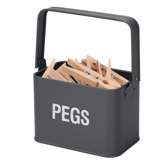 Grey Peg Tin Box with Handle for Laundry Storage