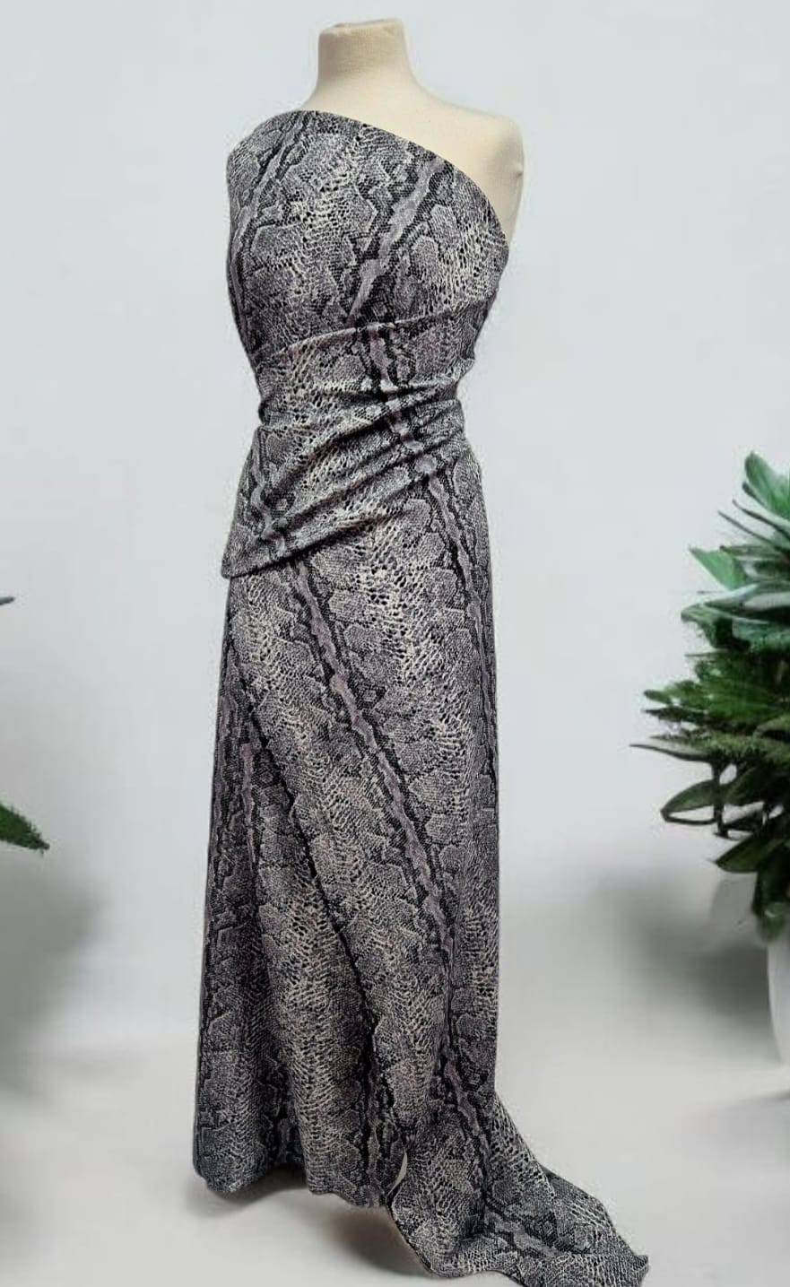 Grey Snake Printed Plain Scuba 4 Way Stretch Jersey Fabric