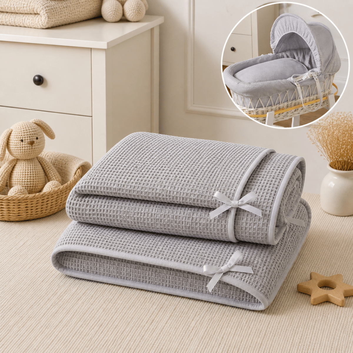 Grey Waffle Moses Basket Bedding Set (Basket Not Included!)