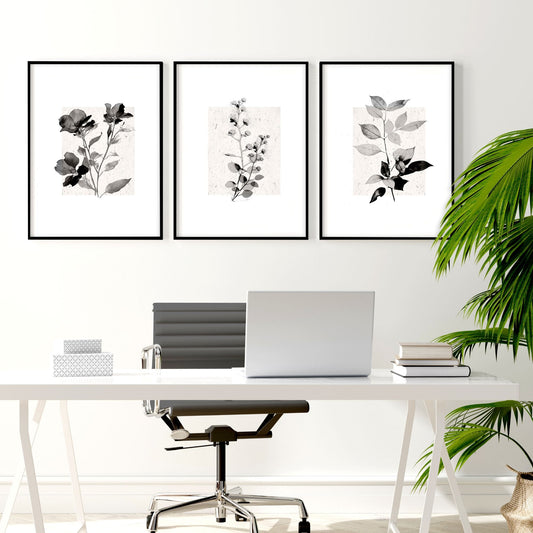 Grey Wall Hanging French Country Botanical Floral & Leaf Art Prints | Set of 3