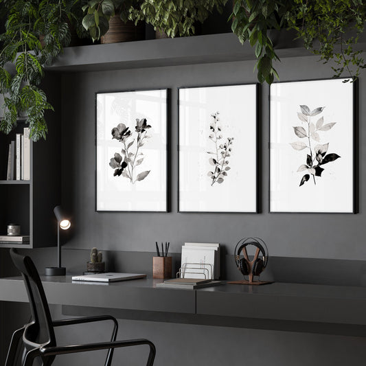 Grey Wall Hanging French Country Botanical Floral & Leaf Art Prints | Set of 3