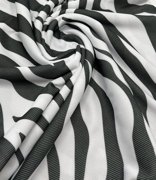 Grey White Animal Print 2X1 Fine Rib Stretch Fabric
