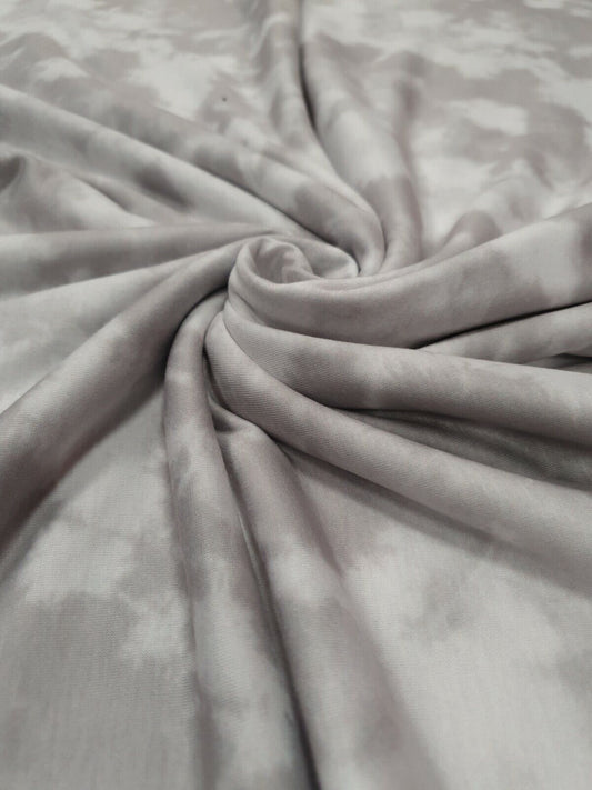 Grey & White Tie Dye Print Spun Poly Stretch Fabric