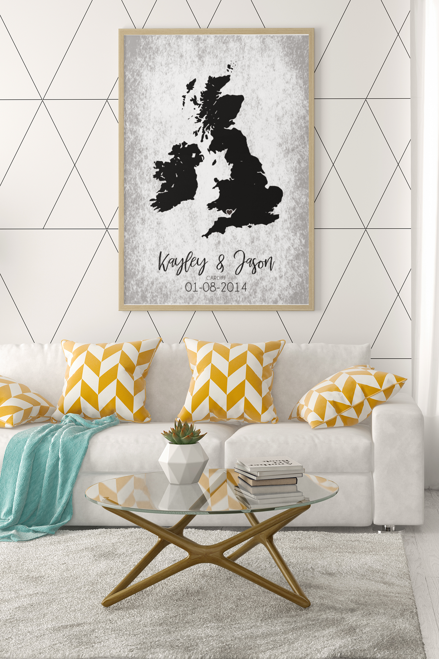 Couples United Kingdom Map with Special Dates & Heart Personalised Wall Decor Print with 10 New Styles