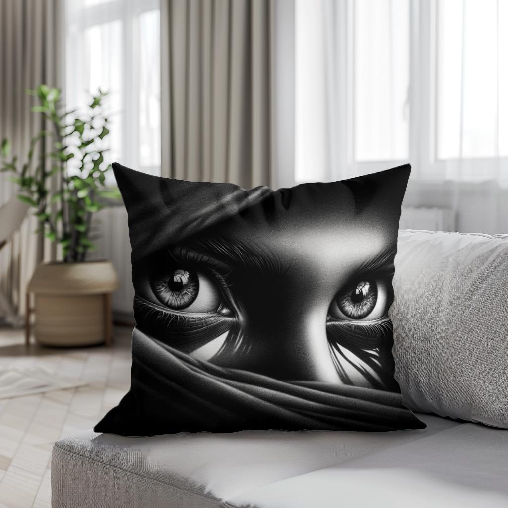 Mystery Gaze: Shadowed Eyes Cotton Cushion