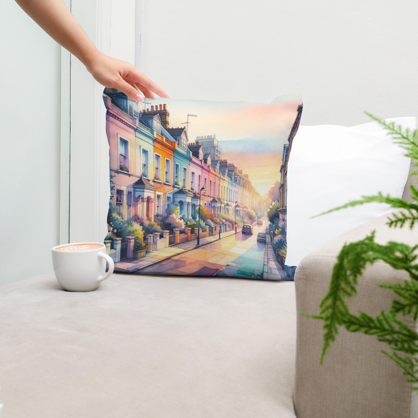 London Notting Hill Morning Watercolor Cotton Cushion