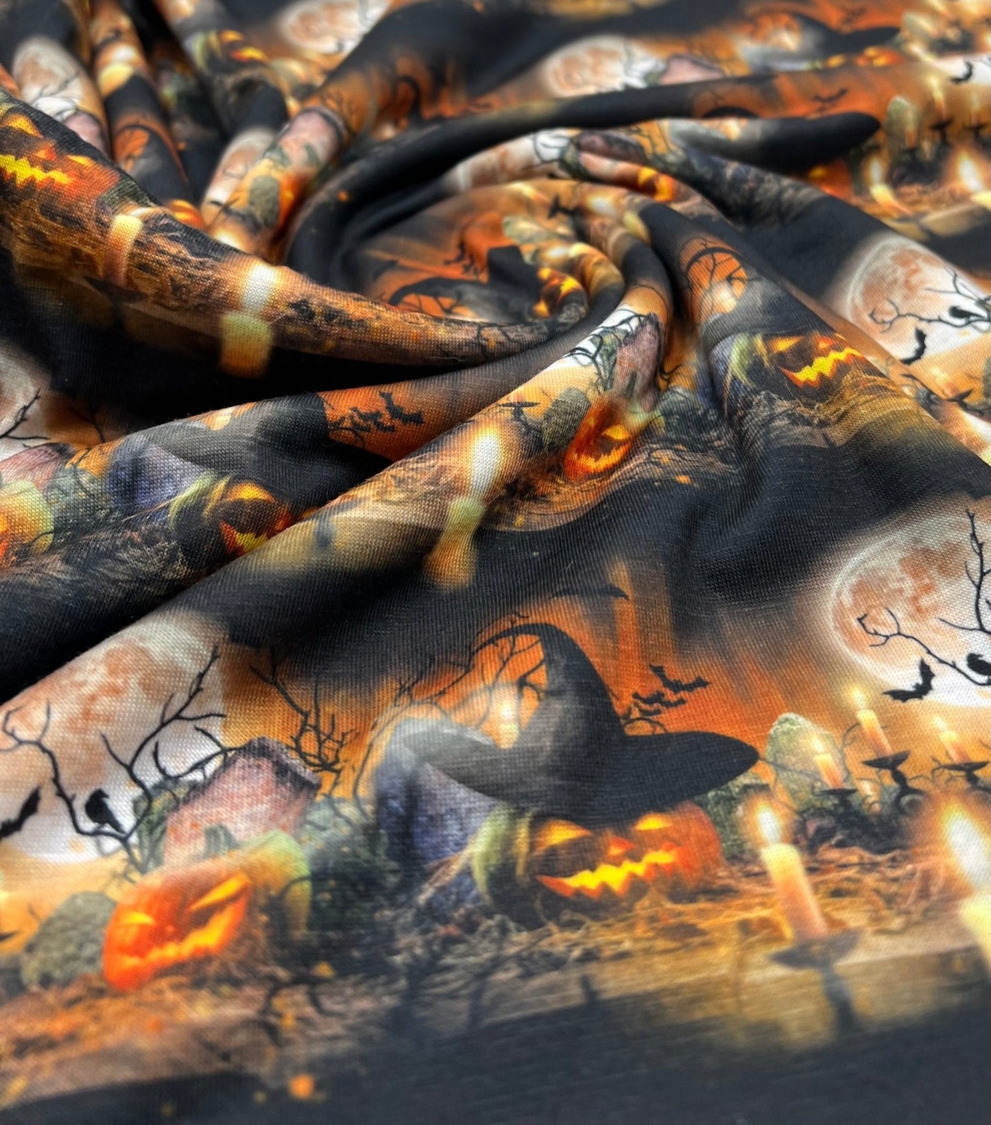 Halloween Pumpkin Candle Print Spun Poly Stretch Fabric