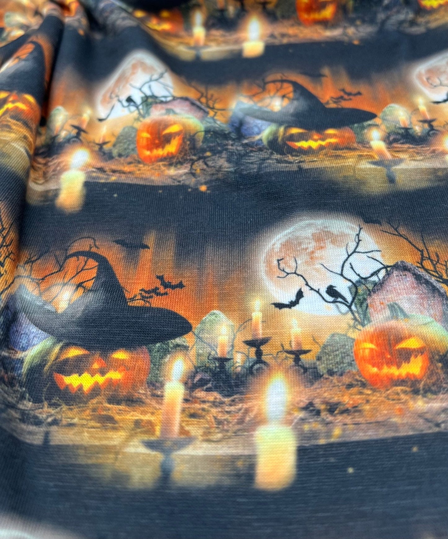Halloween Pumpkin Candle Print Spun Poly Stretch Fabric