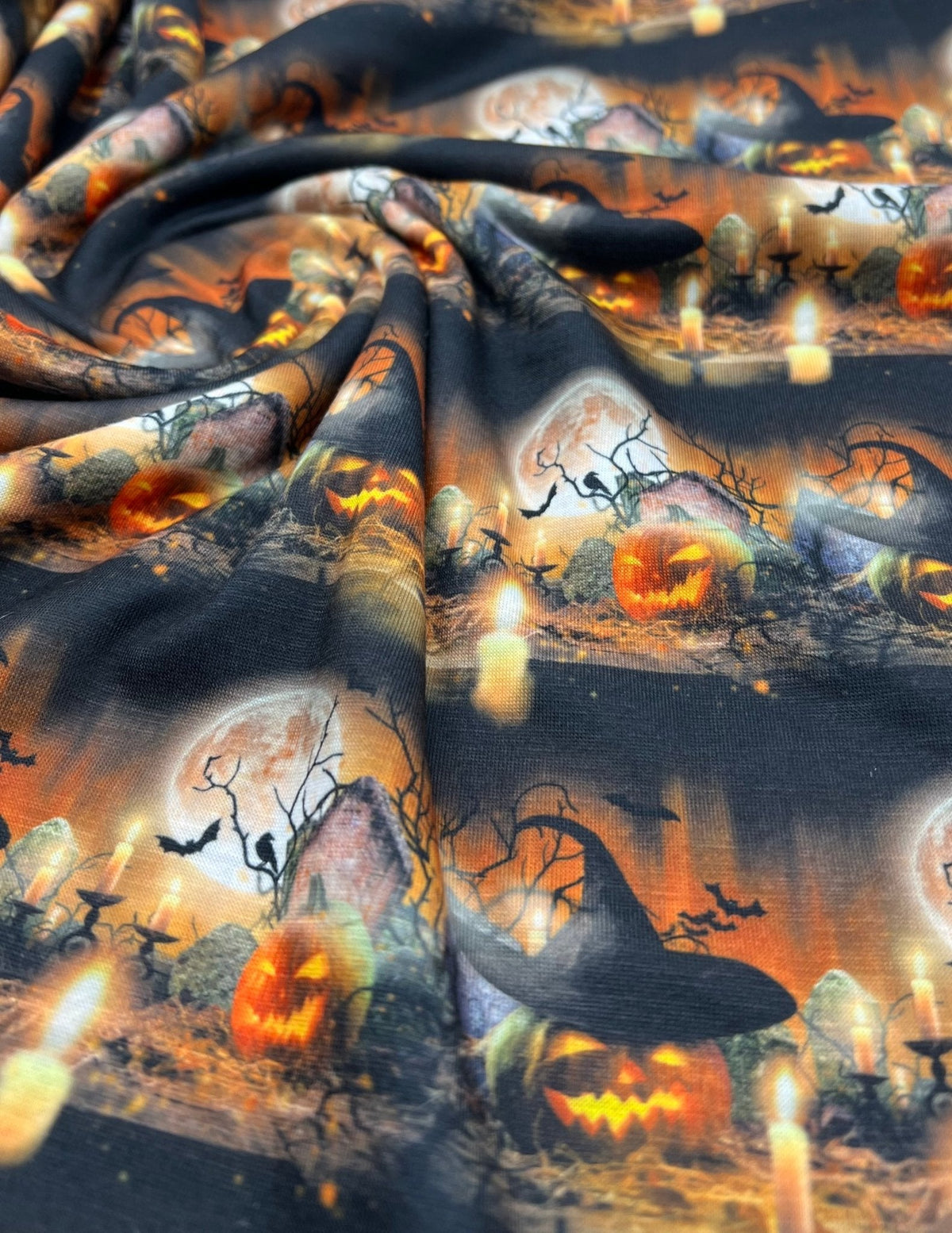 Halloween Pumpkin Candle Print Spun Poly Stretch Fabric