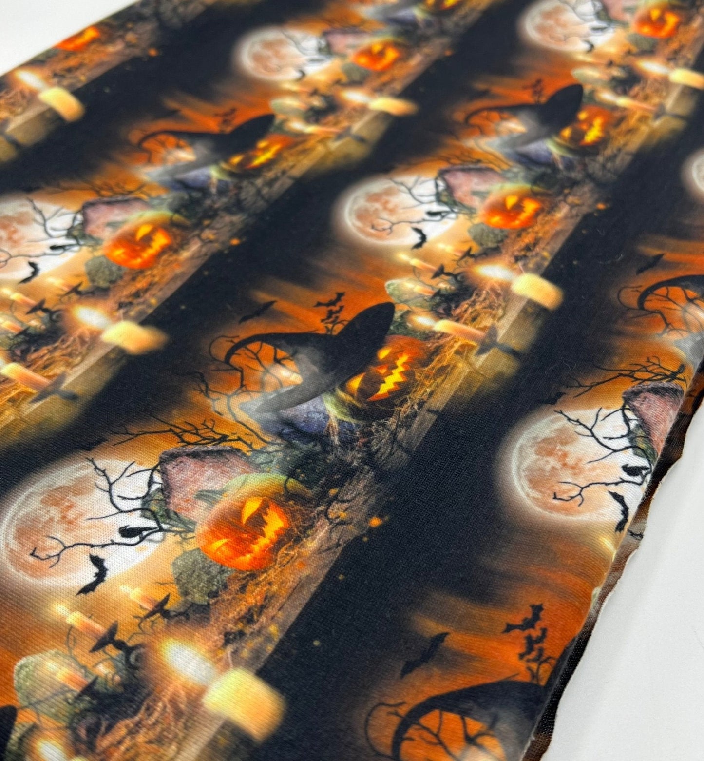 Halloween Pumpkin Candle Print Spun Poly Stretch Fabric