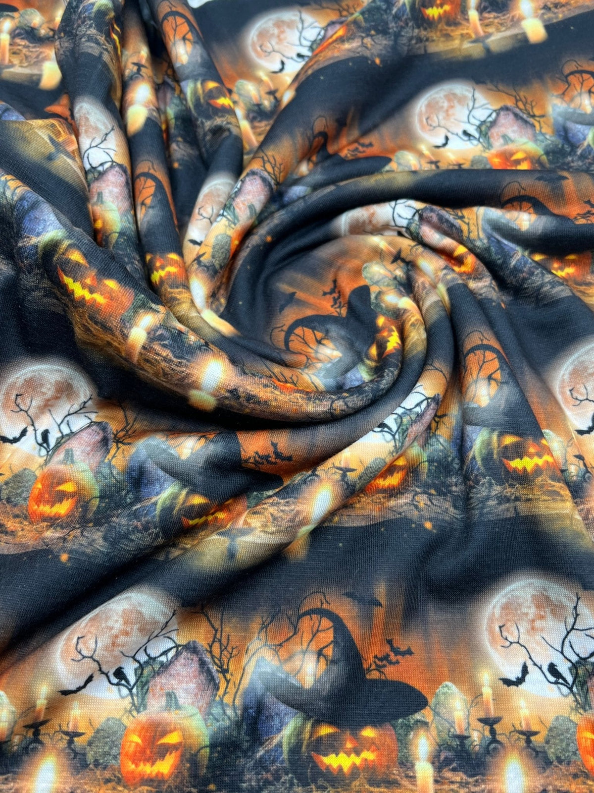 Halloween Pumpkin Candle Print Spun Poly Stretch Fabric