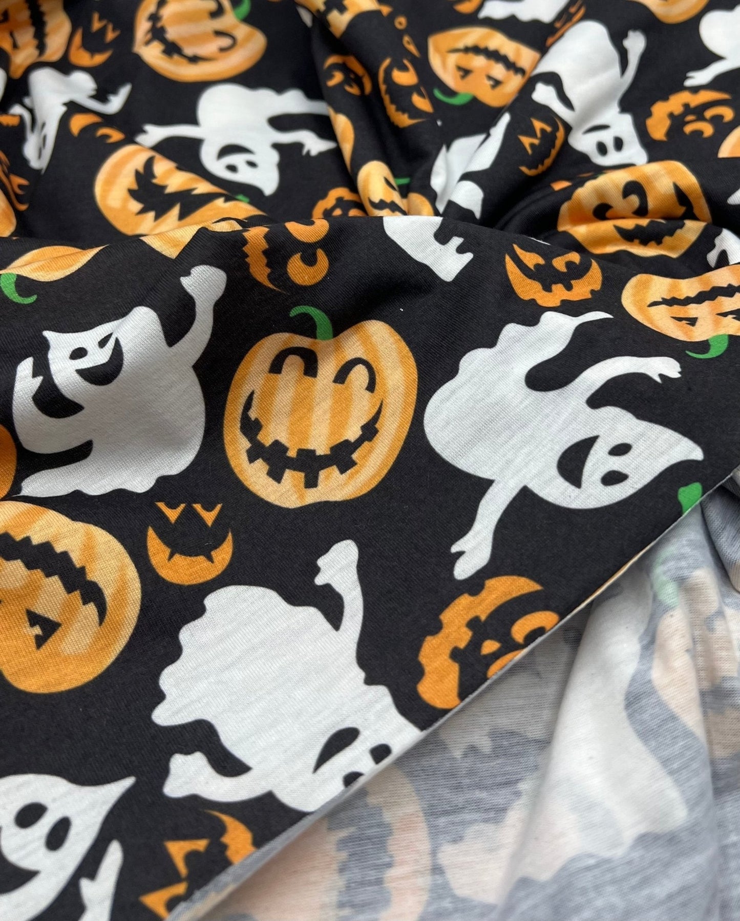 Halloween Pumpkin Ghost Print Spun Poly Stretch Fabric