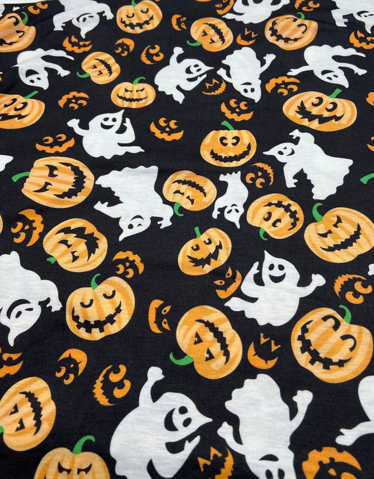 Halloween Pumpkin Ghost Print Spun Poly Stretch Fabric