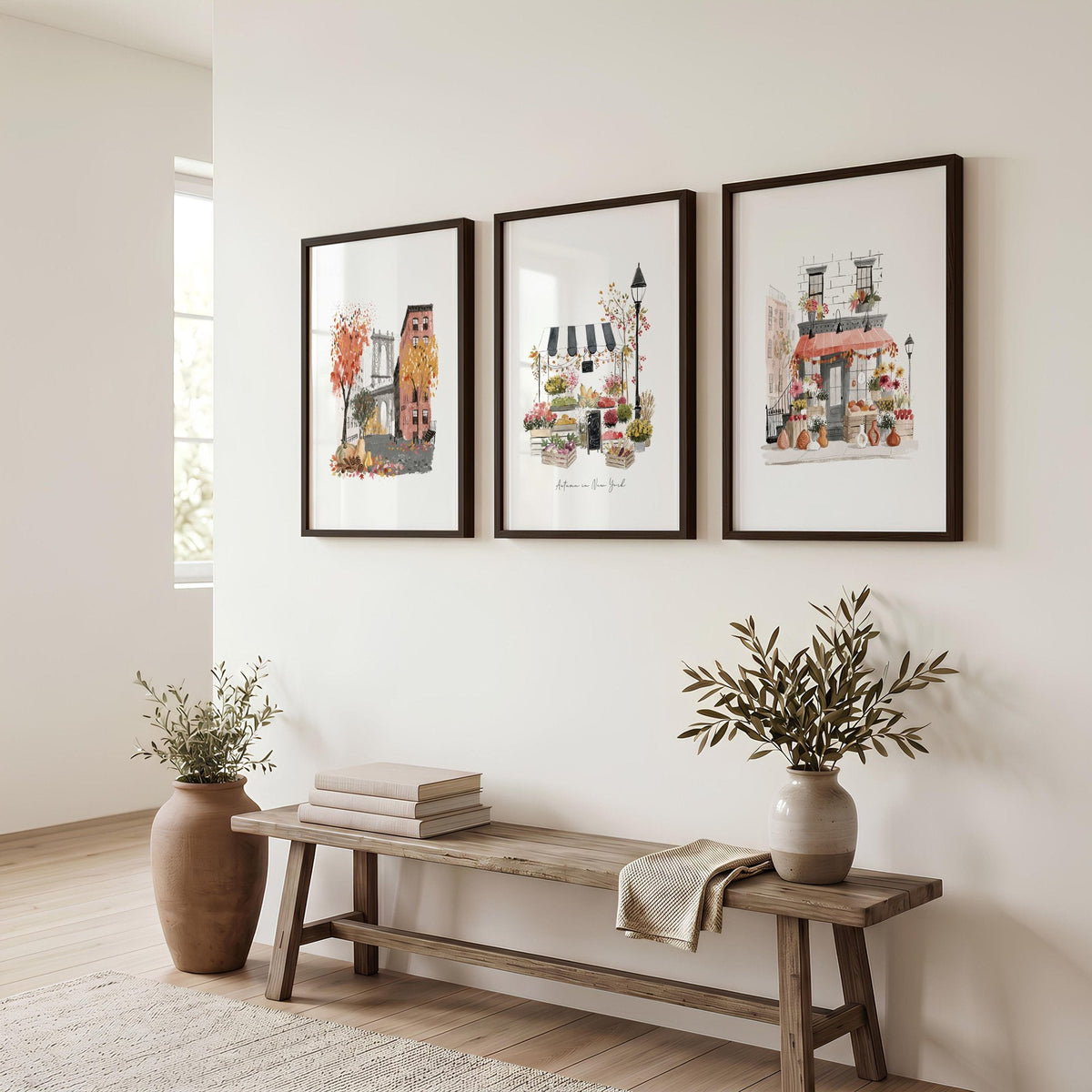 Hallway Wall Art Ideas New York Autumn Watercolour Travel Prints | "Autumn in New York" | Set of 3