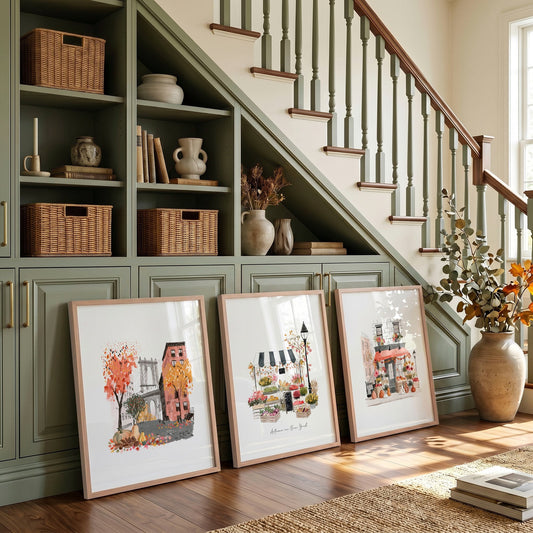 Hallway Wall Art Ideas New York Autumn Watercolour Travel Prints | "Autumn in New York" | Set of 3