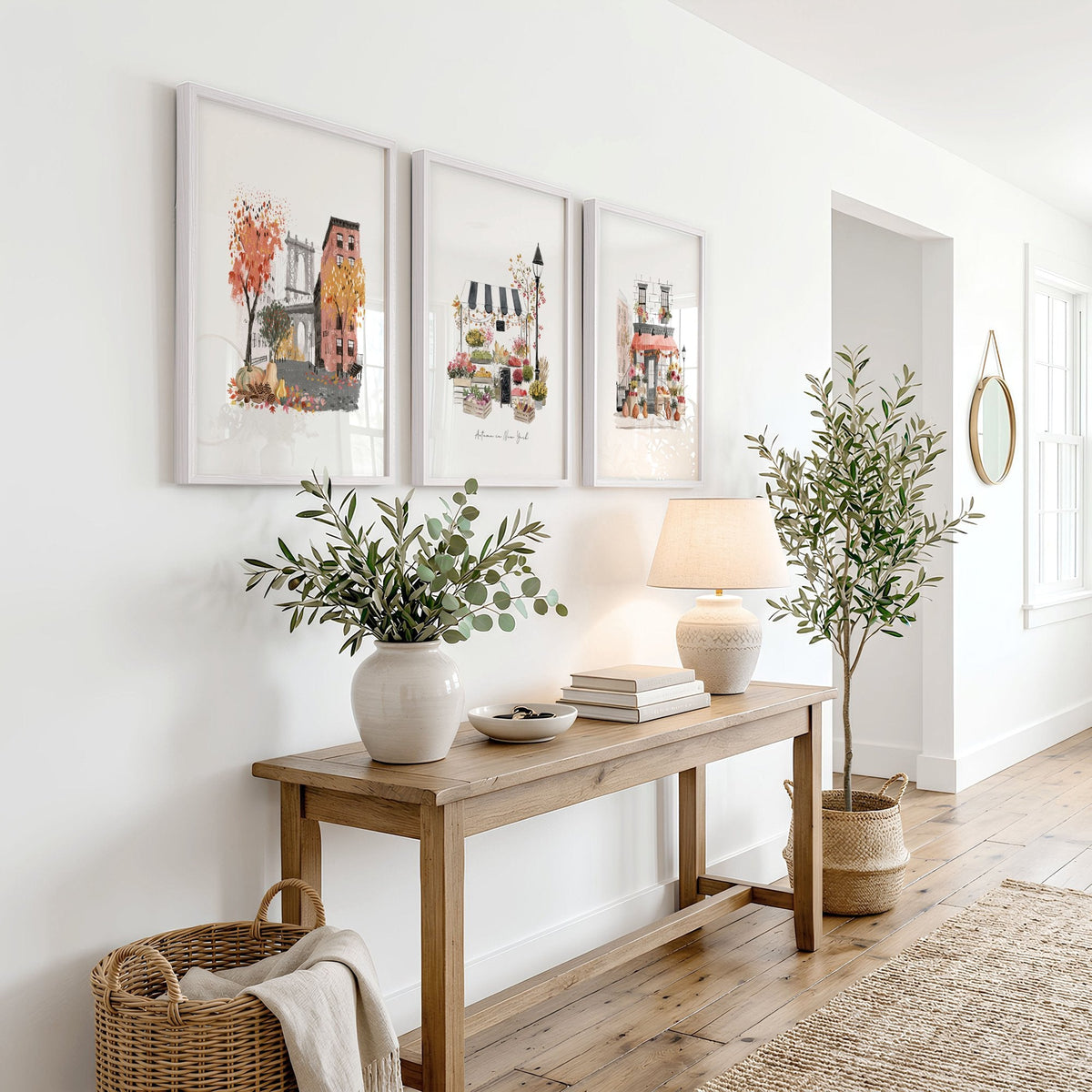 Hallway Wall Art Ideas New York Autumn Watercolour Travel Prints | "Autumn in New York" | Set of 3