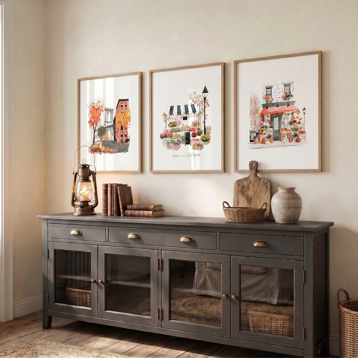 Hallway Wall Art Ideas New York Autumn Watercolour Travel Prints | "Autumn in New York" | Set of 3