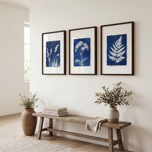 Hallway Wall Art Indigo Cyanotype Botanical Prints | Set of 3