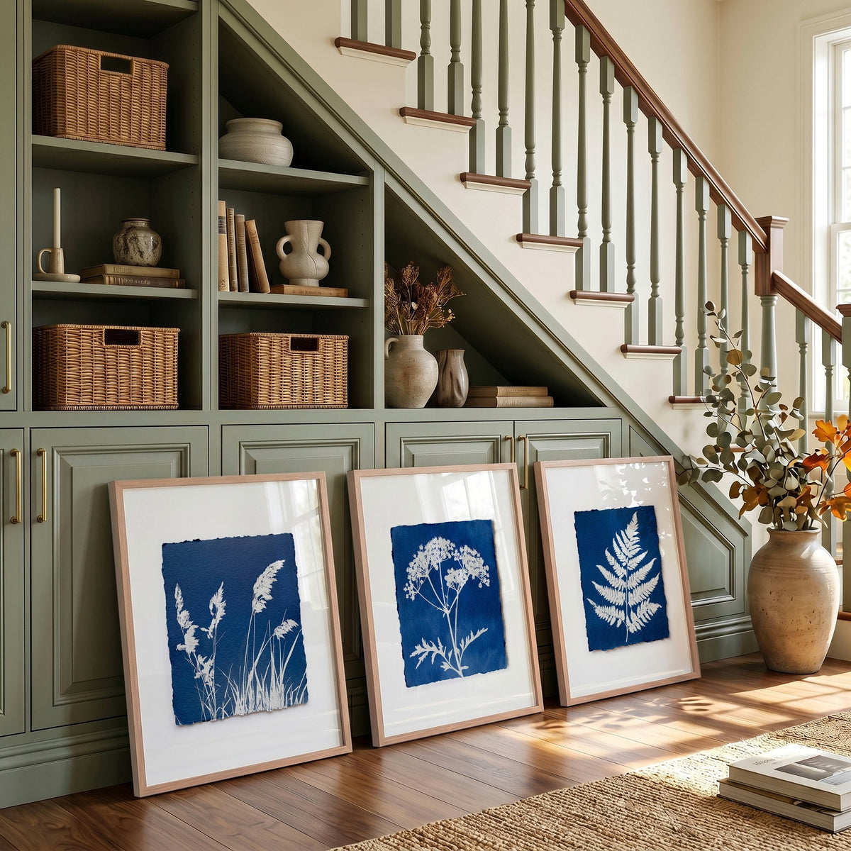 Hallway Wall Art Indigo Cyanotype Botanical Prints | Set of 3