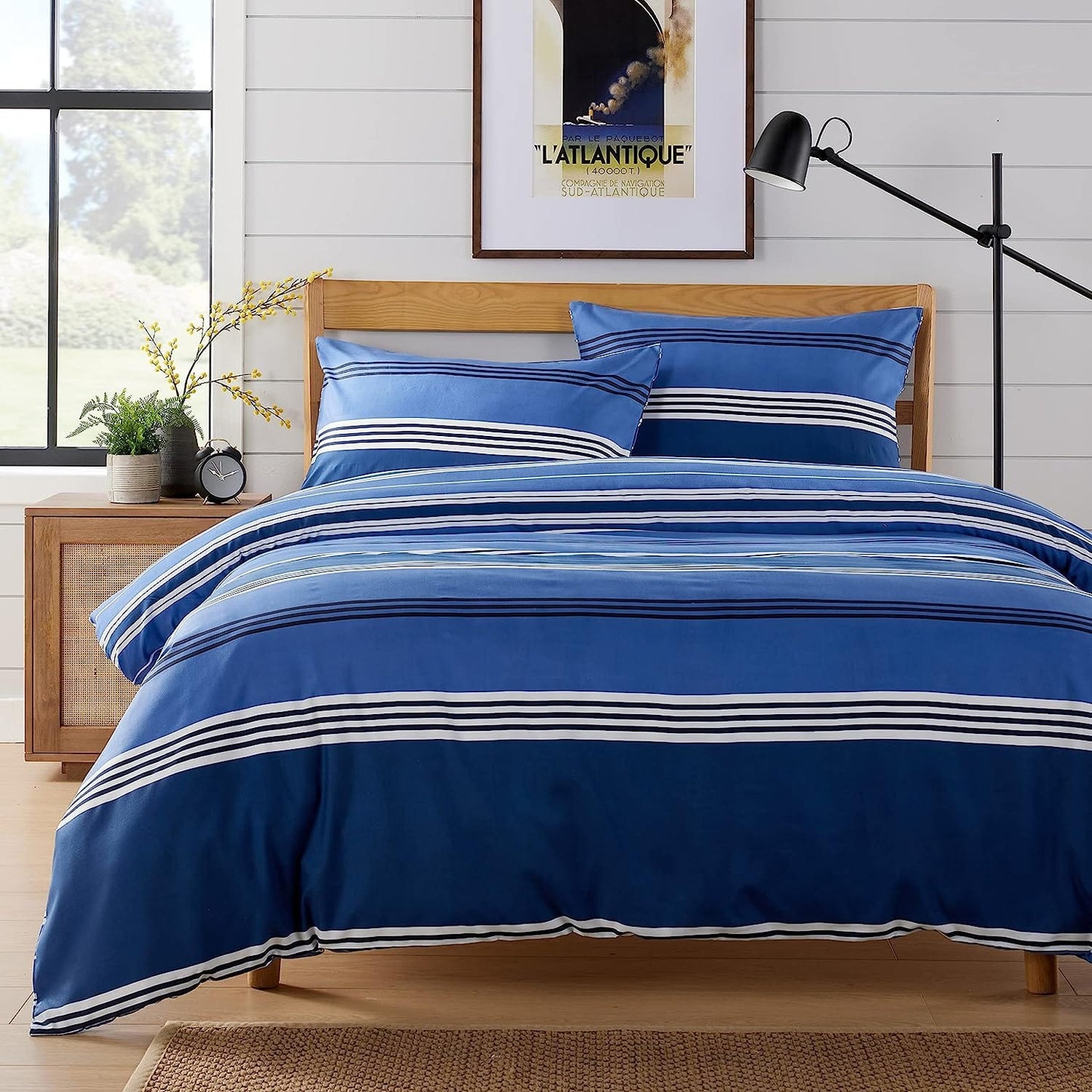 Harlow Stripes Blue Duvet Cover Set with Pillowcases Breathable Polyester Button Closure Bedding Available in Single Double and King Sizes by OLIVIA ROCCO