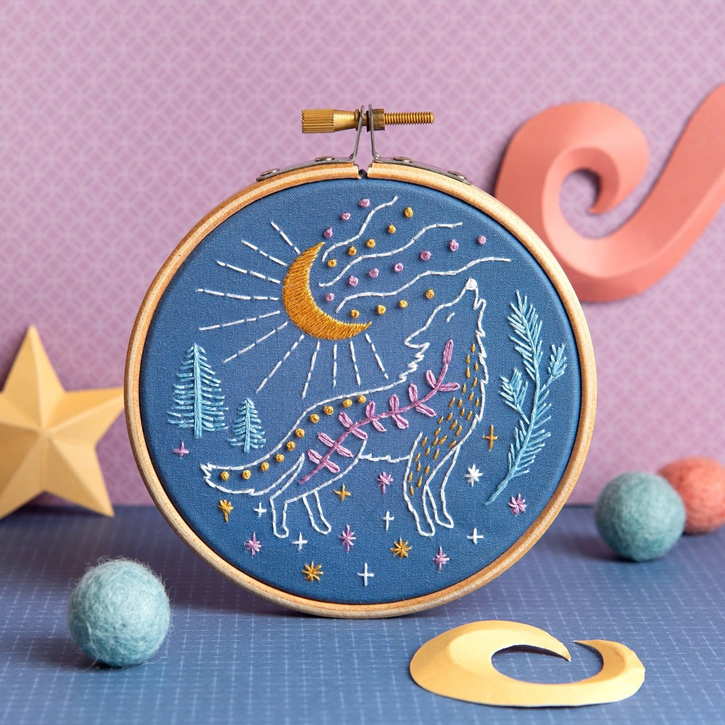 Celestial Wolf Mini Embroidery Kit for Beginners