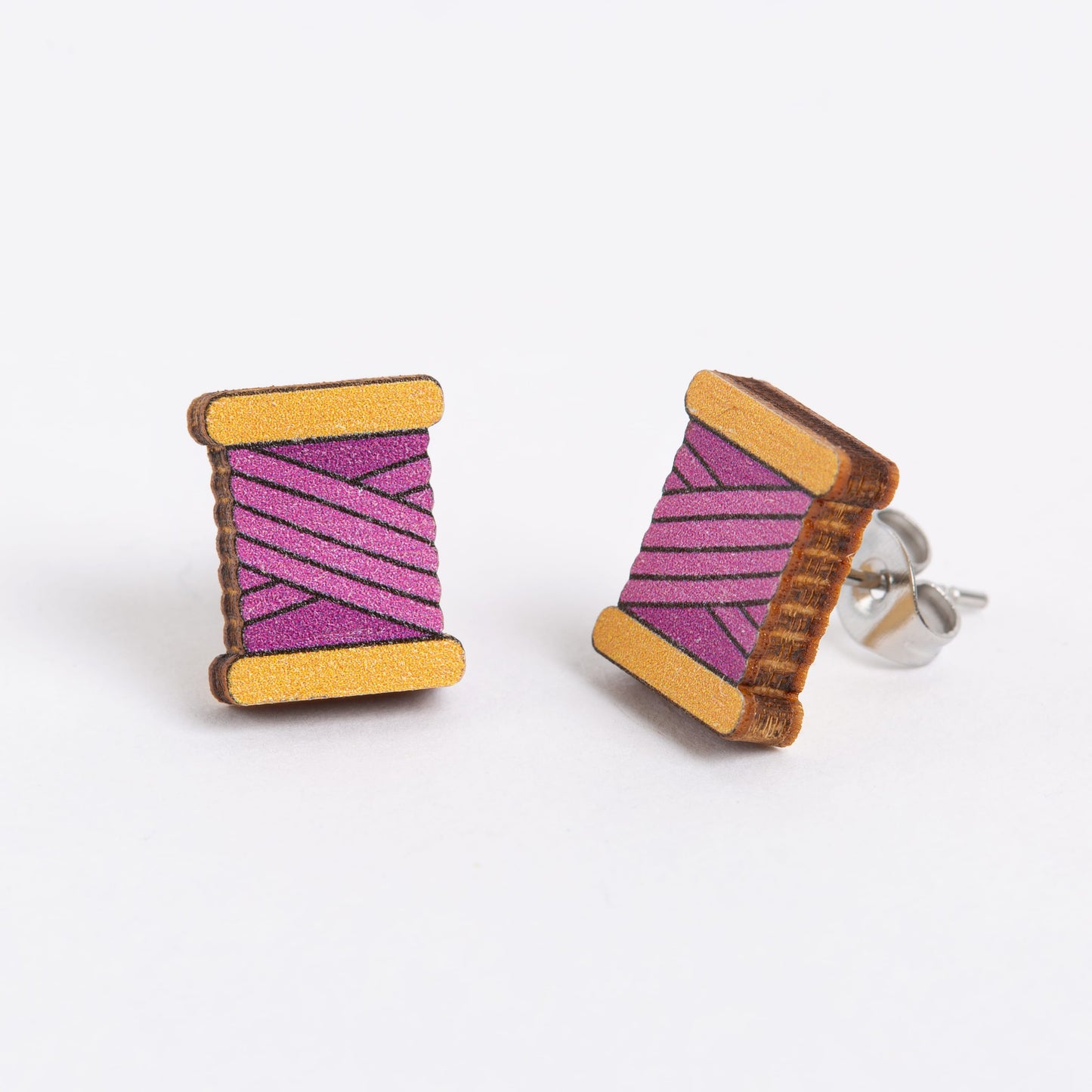 Bobbin Wooden Earrings  - Teal, Purple or Orange