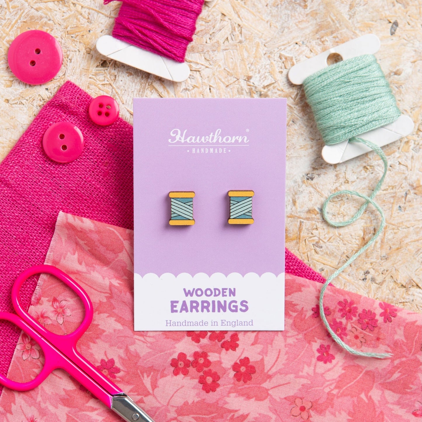 Bobbin Wooden Earrings  - Teal, Purple or Orange
