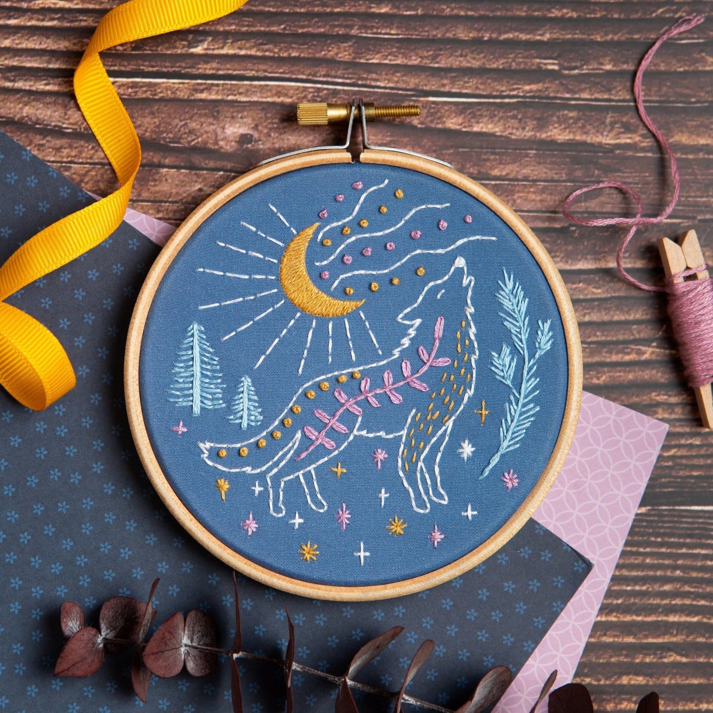 Celestial Wolf Mini Embroidery Kit for Beginners