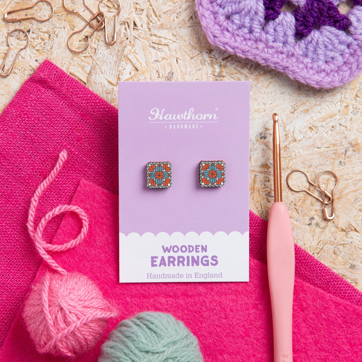 Granny Square Wooden Earrings  - Crochet Gift