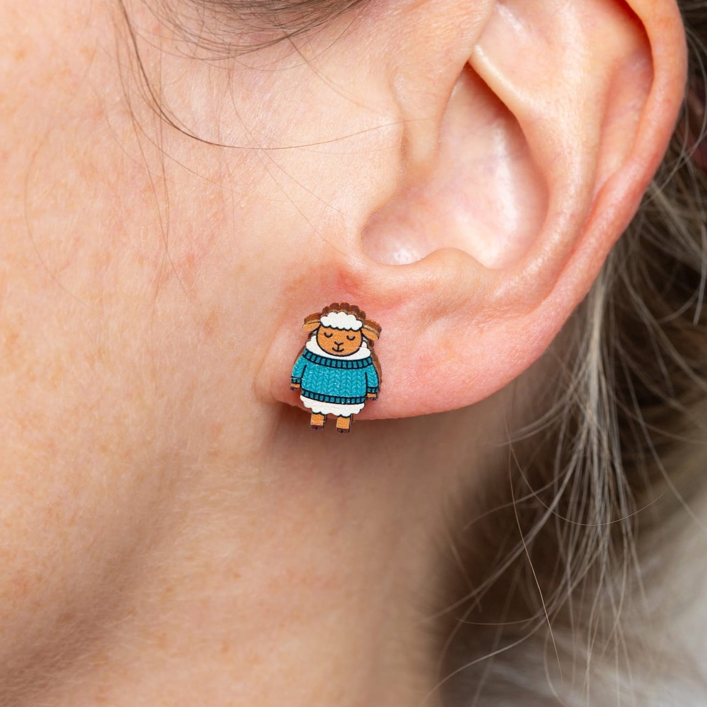 Woolly Sheep Wooden Earrings  - Knitting Gift