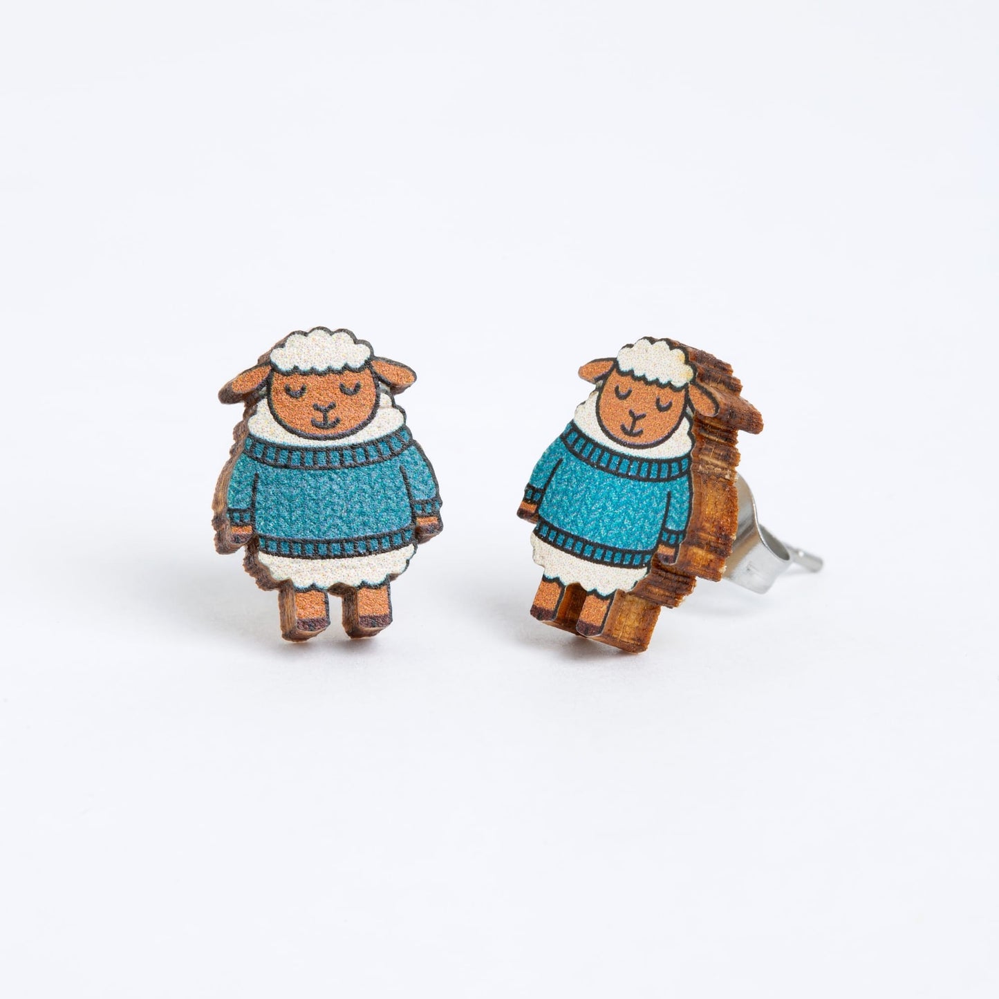 Woolly Sheep Wooden Earrings  - Knitting Gift