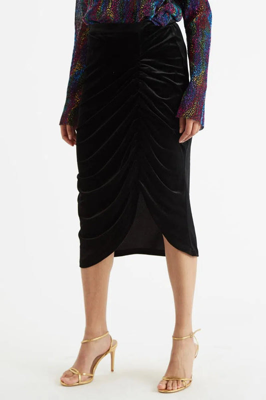 Louche Helka Velvet Ruched Mini Skirt Black