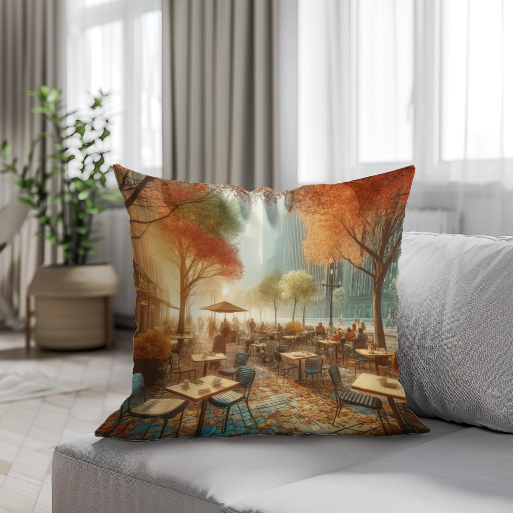 Autumn Morning Cafe Cotton Cushion