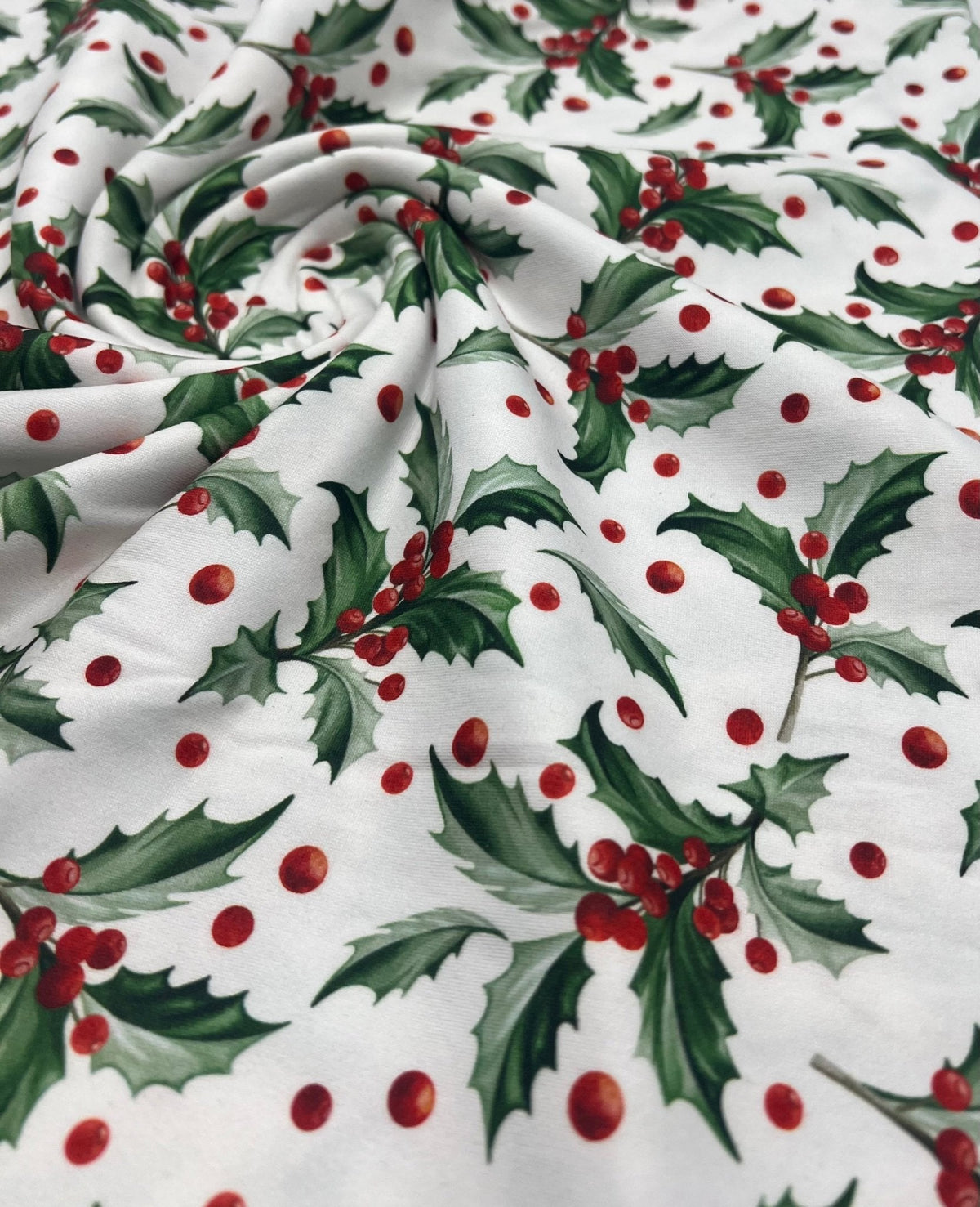 Holly Leaves Print Super Soft Spun Poly Stretch Fabric