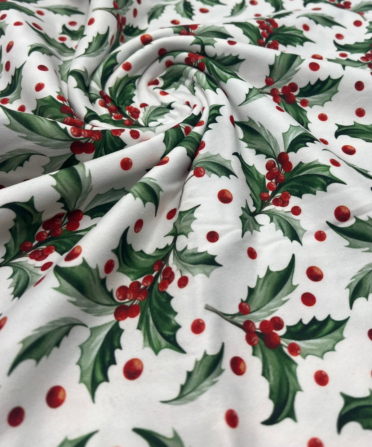 Holly Leaves Print Super Soft Spun Poly Stretch Fabric