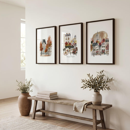 Paris Travel Home Wall Art | Louvre, Eiffel Tower & Montmartre Autumn Watercolour "Une pause à la Parisienne" | Set of 3