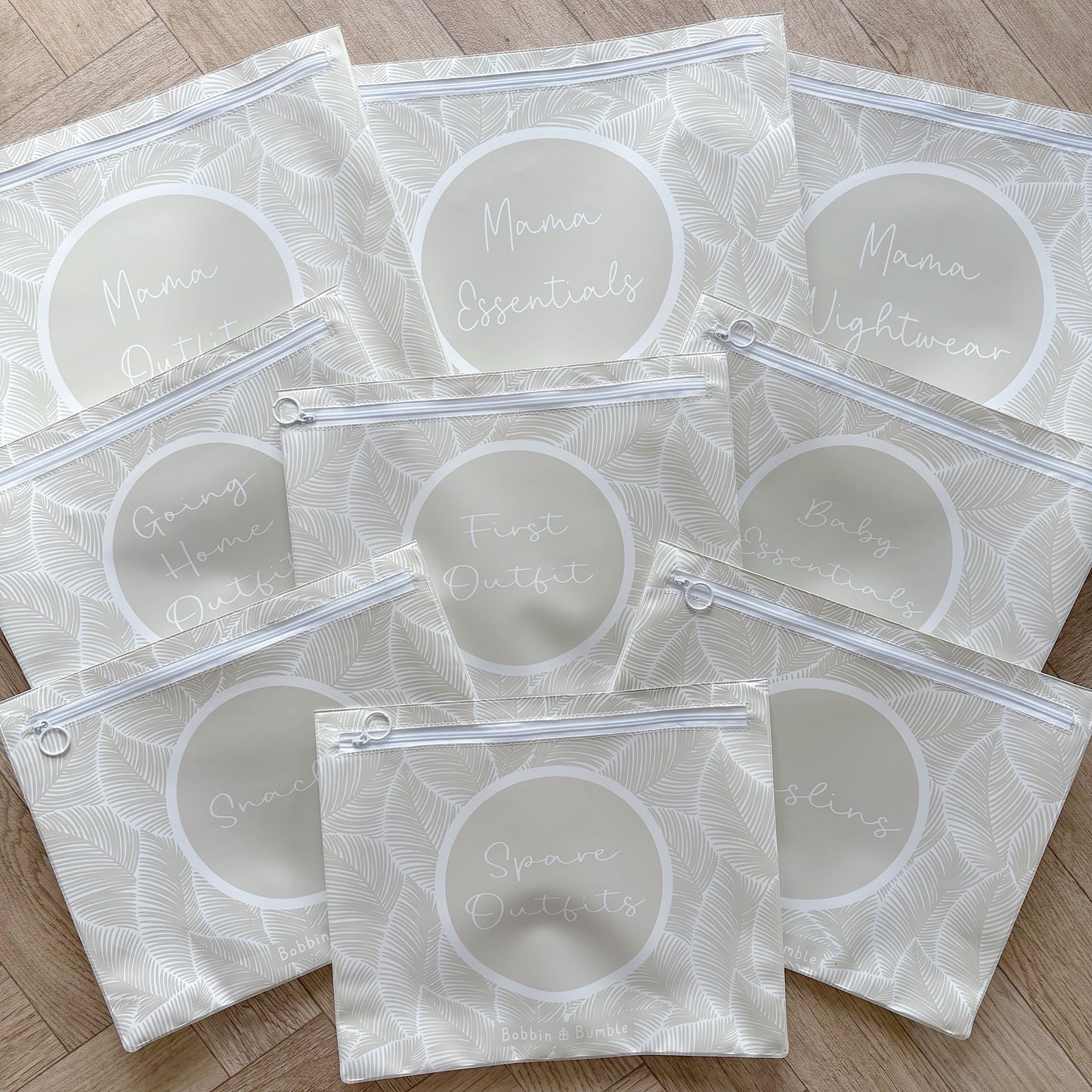 Hospital Bag Organiser Pouches - Unisex Beige Leaf Print