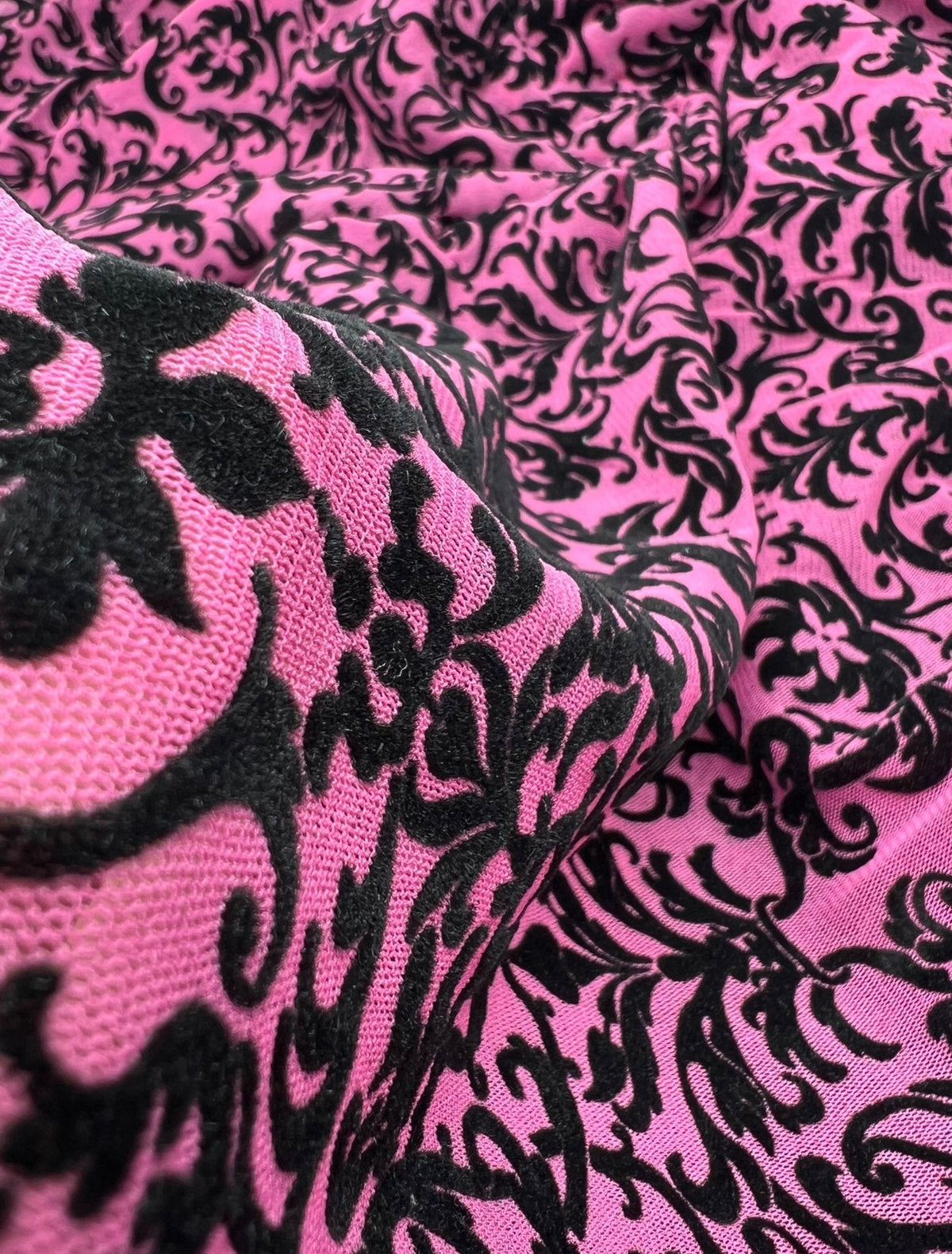 Hot Pink Embossed Flocked Mesh Fabric 2 Way Stretch