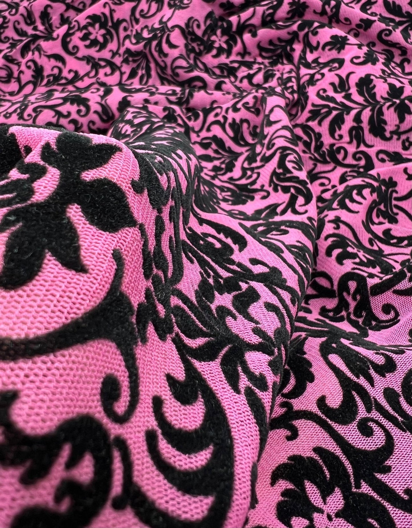 Hot Pink Embossed Flocked Mesh Fabric 2 Way Stretch
