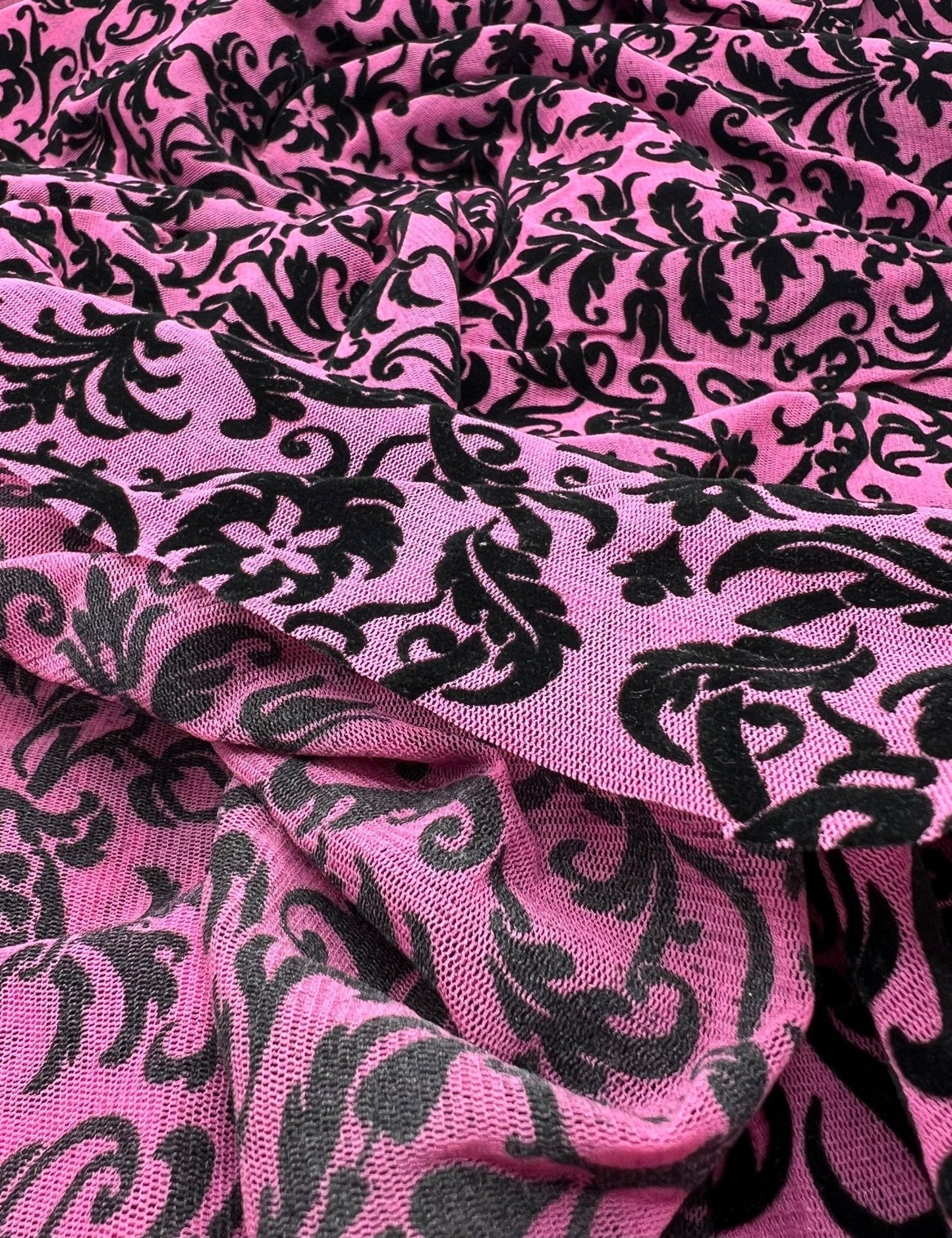 Hot Pink Embossed Flocked Mesh Fabric 2 Way Stretch