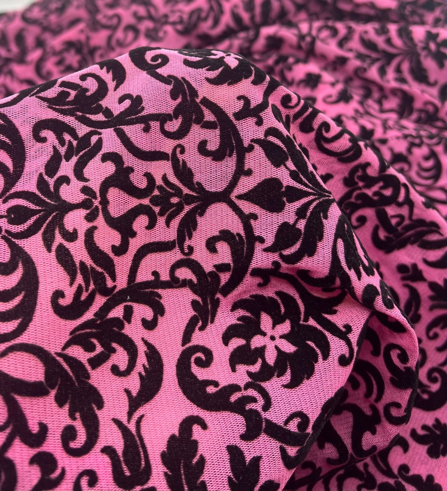 Hot Pink Embossed Flocked Mesh Fabric 2 Way Stretch